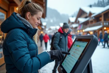 Femme en veste de ski lisant attentivement les informations sur une borne de vente de forfaits à Les Arcs 1800