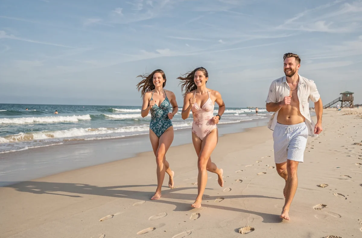 Amis courant pieds nus sur la plage de Montalivet en été lors d'une activité sportive en groupe