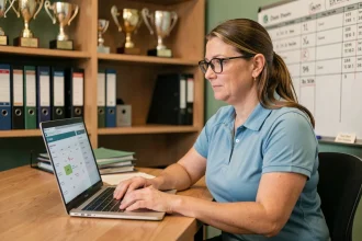 Administratrice d'un club sportif gérant son organisation sur un tableau de bord numérique depuis son bureau