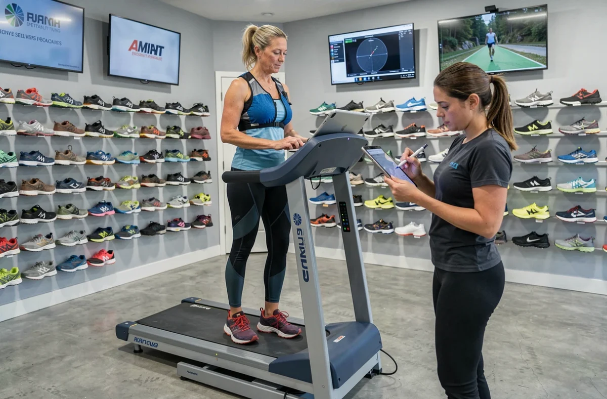 Analyse de foulée sur tapis roulant dans un magasin spécialisé trail running avec conseillère experte