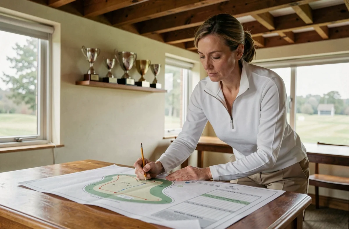 Golfeuse analysant un plan de parcours de golf dans un club house avec une carte de score annotée