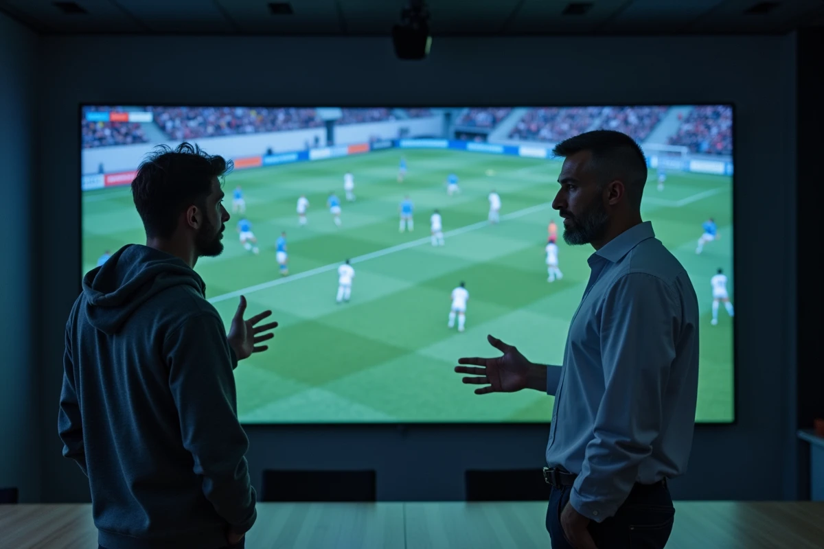 Deux analystes de football discutant de données tactiques et statistiques sur écran mural dans une salle d'analyse vidéo