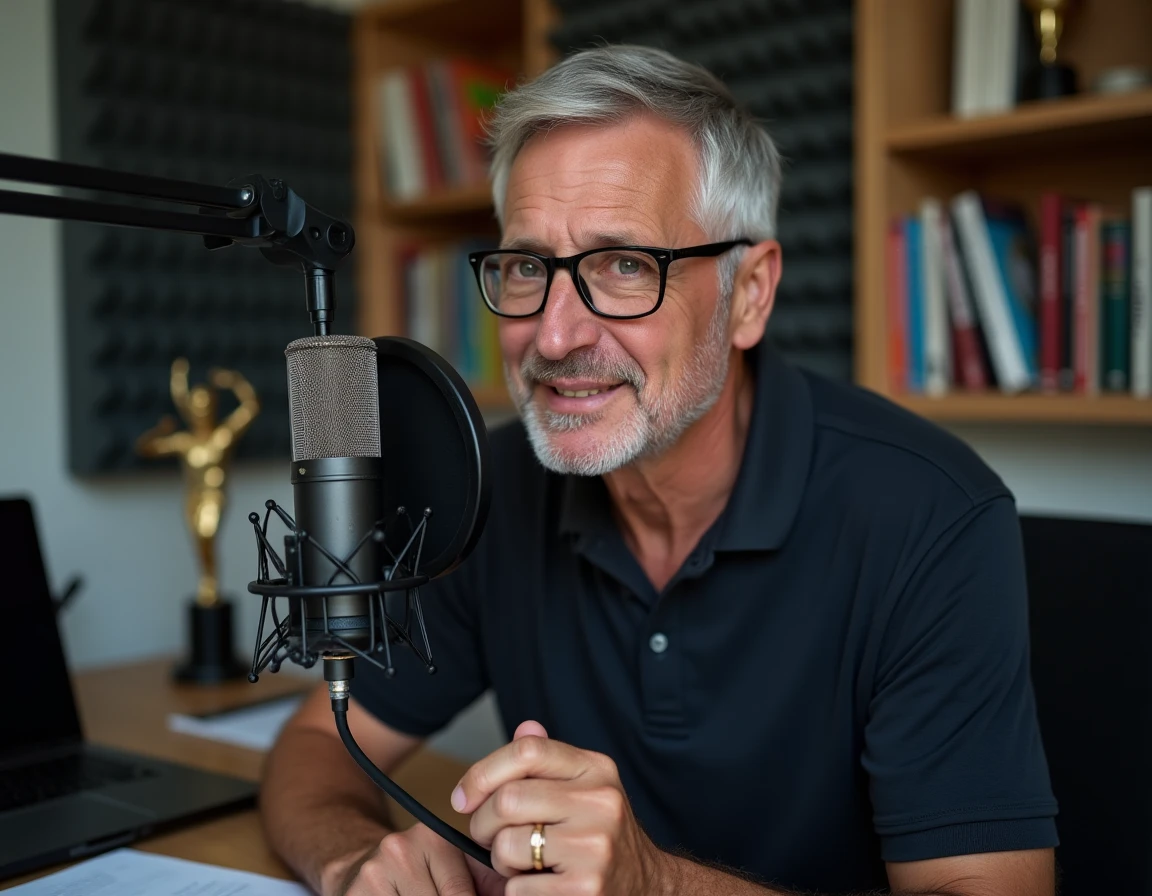 Animateur passionné de sport enregistrant un podcast dans un studio maison avec microphone professionnel