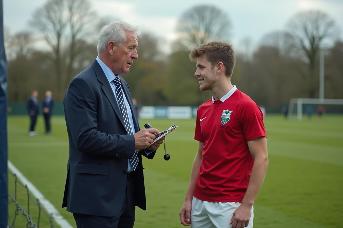 Arbitre discutant avec un jeune joueur sur le bord du terrain