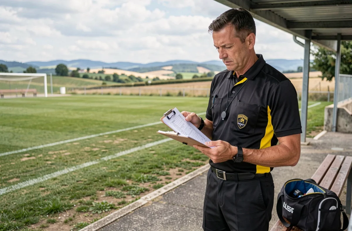 Arbitre de football consultant le calendrier officiel du district 31 en Haute-Garonne près d'un banc de touche