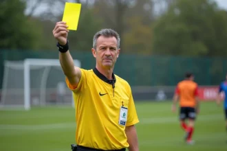 Arbitre de football masculin brandissant un carton jaune lors d'un match de jeunes