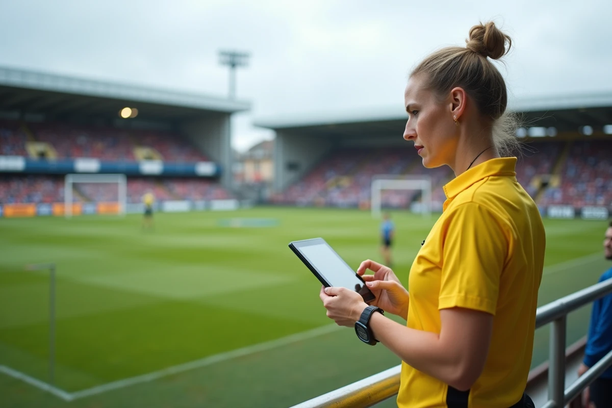 Arbitre féminine de rugby avec tablette sur le bord du terrain