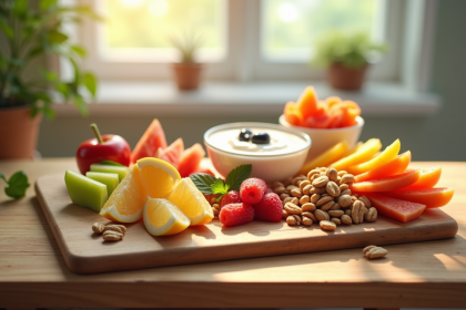 Assortiment coloré de collations saines sur une table en bois