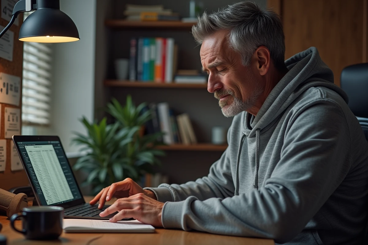 Athlète masculin planifiant son calendrier de compétitions depuis son bureau à domicile, illustrant la gestion de la fatigue et l'optimisation du rythme de tournois
