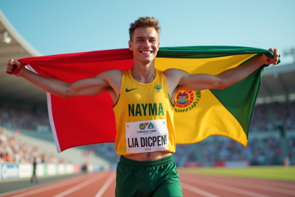 Jeune athlète masculin souriant avec drapeau national