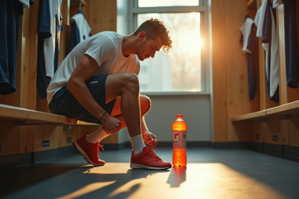 Jeune athlète dans un vestiaire brillant avec une bouteille de Gatorade