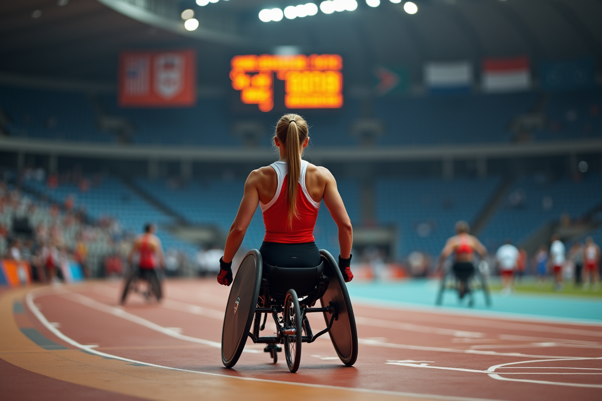 Athlète paralympique en fauteuil roulant regardant le tableau