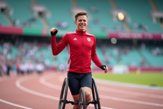 Jeune athlète paralympique en pleine célébration sur la piste