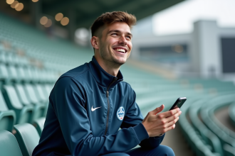 Jeune athlète souriant avec smartphone en extérieur