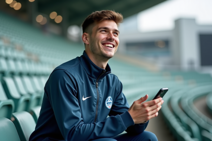 Jeune athlète souriant avec smartphone en extérieur