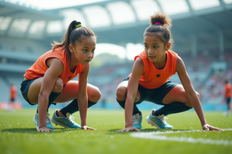 Jeune fille et garçon en tenue futuriste sur terrain synthétique