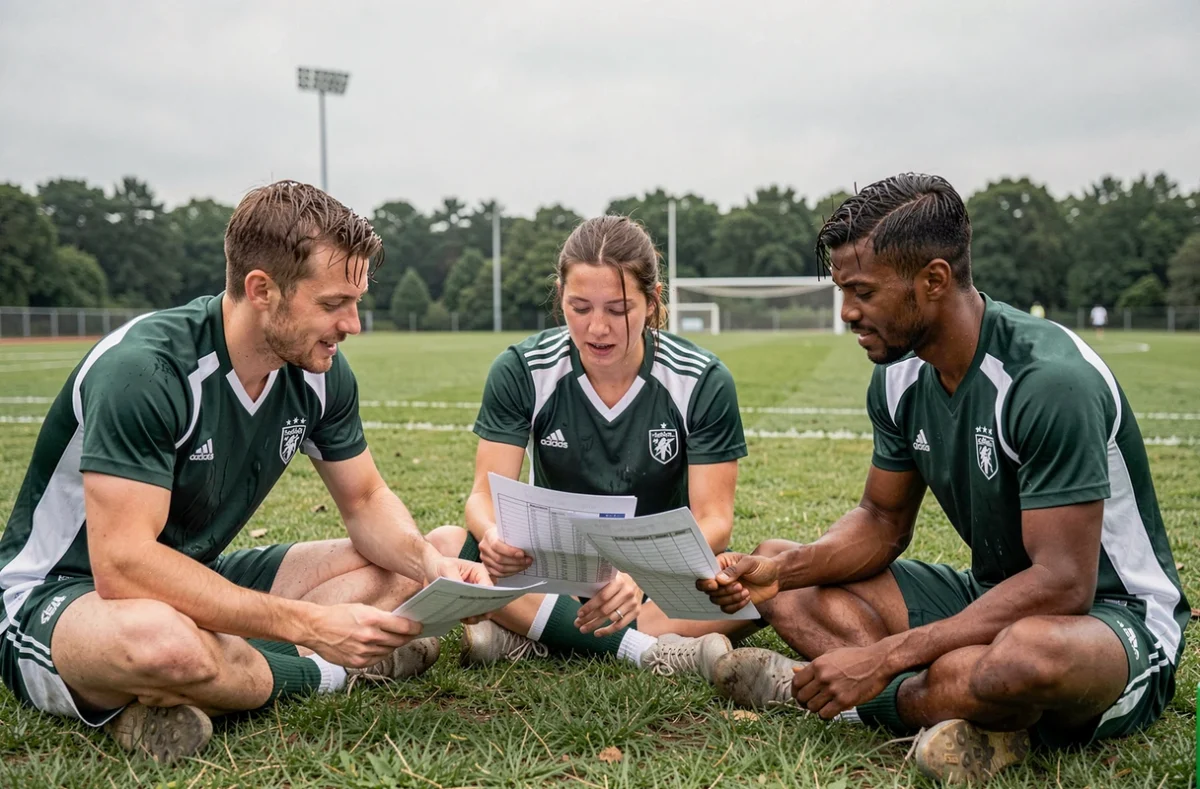 Groupe d'athlètes consultant un programme de périodisation sportive lors d'une pause d'entraînement sur terrain de football
