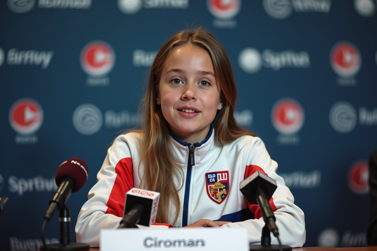 Jeune athlète en conférence de presse avec micro et logo sportif