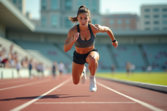 Jeune femme athlétique en plein saut sur piste urbaine