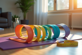 Bandes de resistance colorées sur un tapis de yoga dans une salle de sport moderne