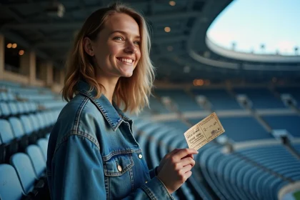 Jeune femme tenant un billet de concert devant les gradins de la Bercy Arena à Paris