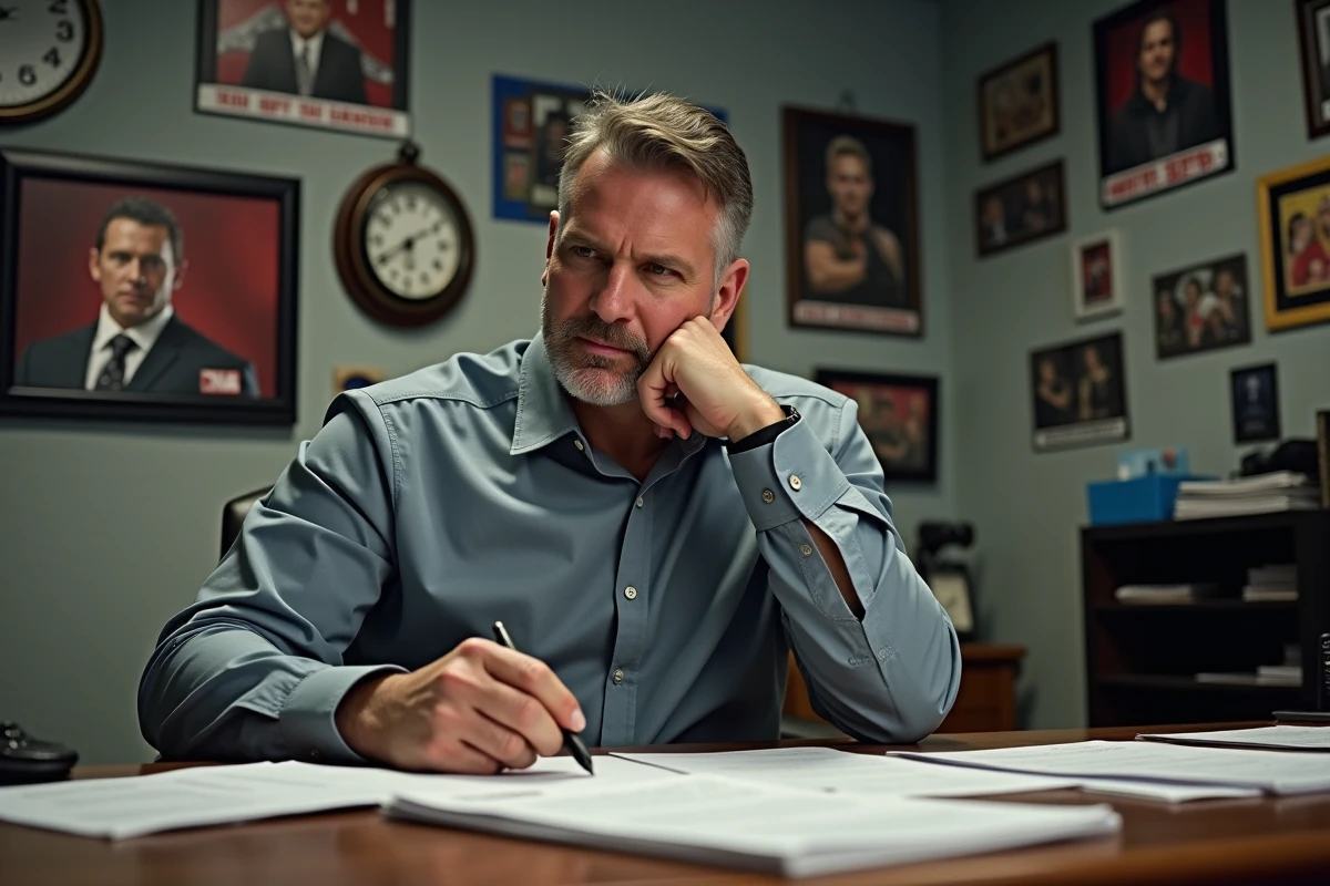 Booker de catch à son bureau avec notes et posters