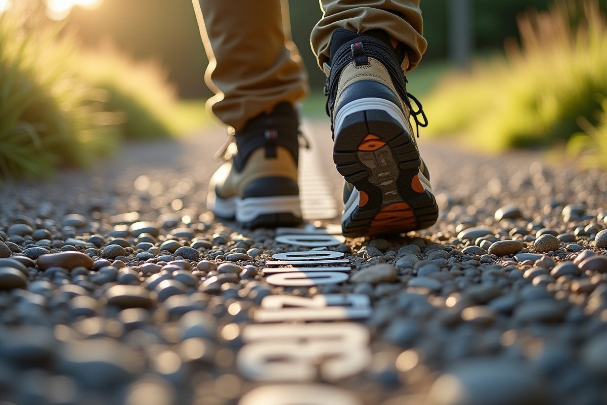 Détail de bottes de randonnée sur un chemin avec marquages