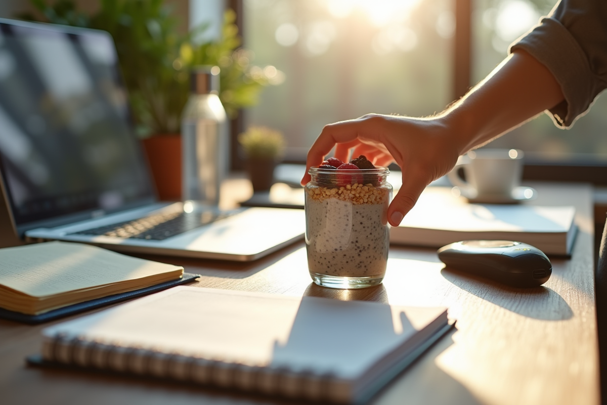Bureau moderne avec une main atteignant un pot de chia pudding