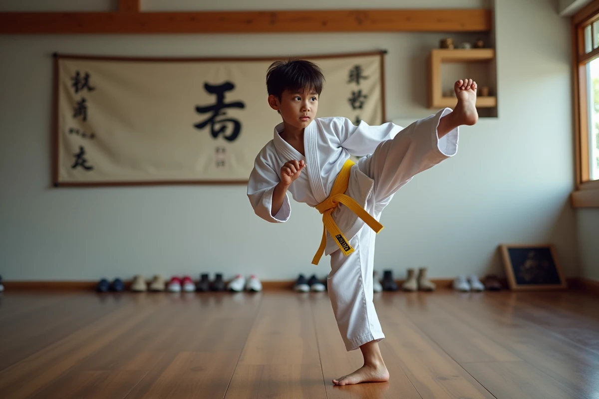 Garçon de 11 ans en kimono blanc pratiquant un kick de karaté dans un dojo traditionnel en bois