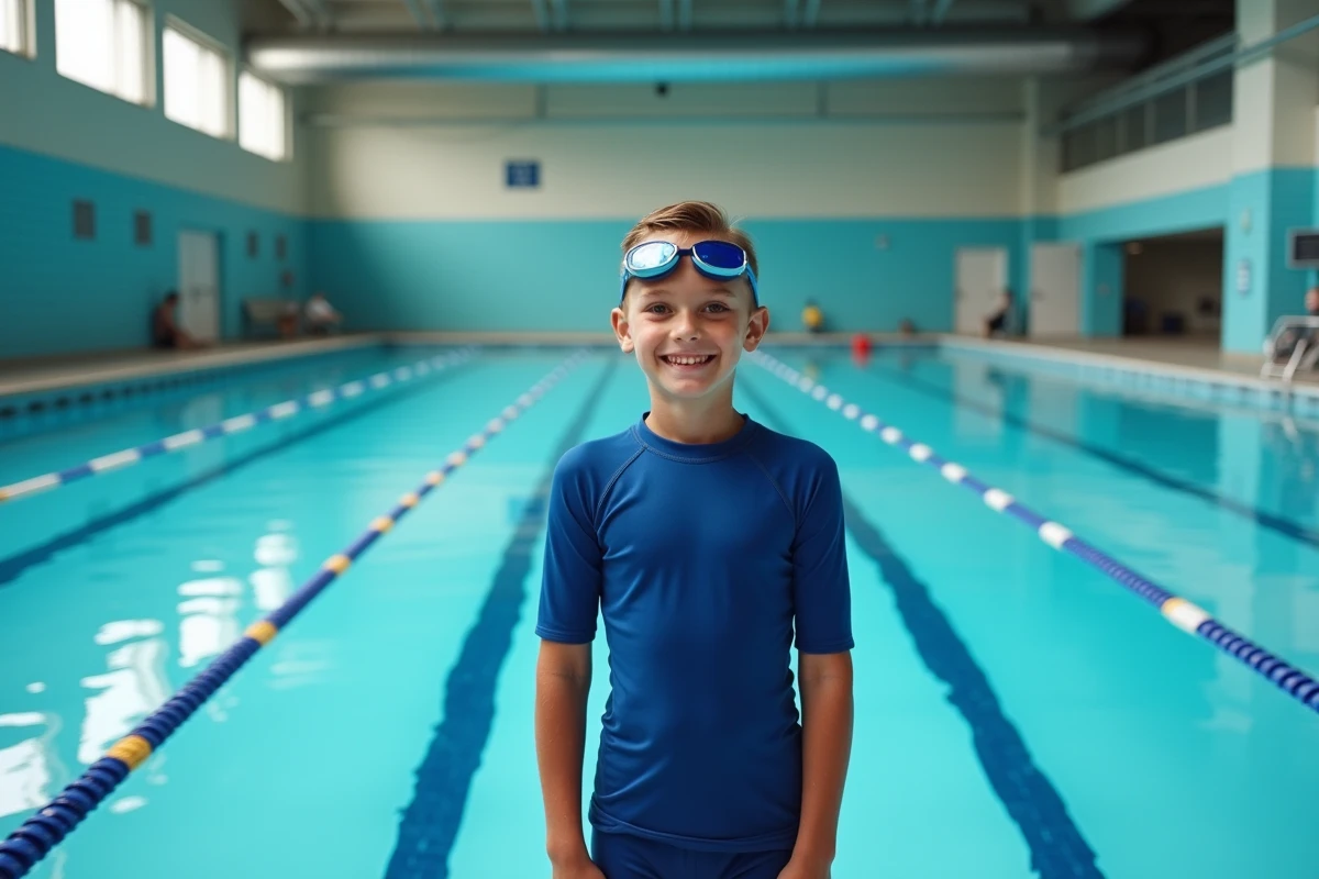 Jeune garçon de 11 ans prêt à plonger dans une piscine intérieure avec lunettes de natation et combinaison bleue