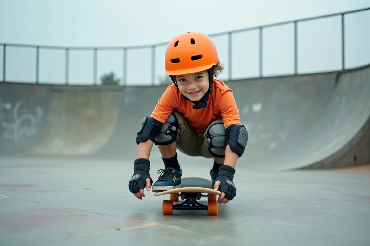 Garçon de 11 ans en équipement de skateboard sur une rampe de skate park béton, regard concentré et souriant