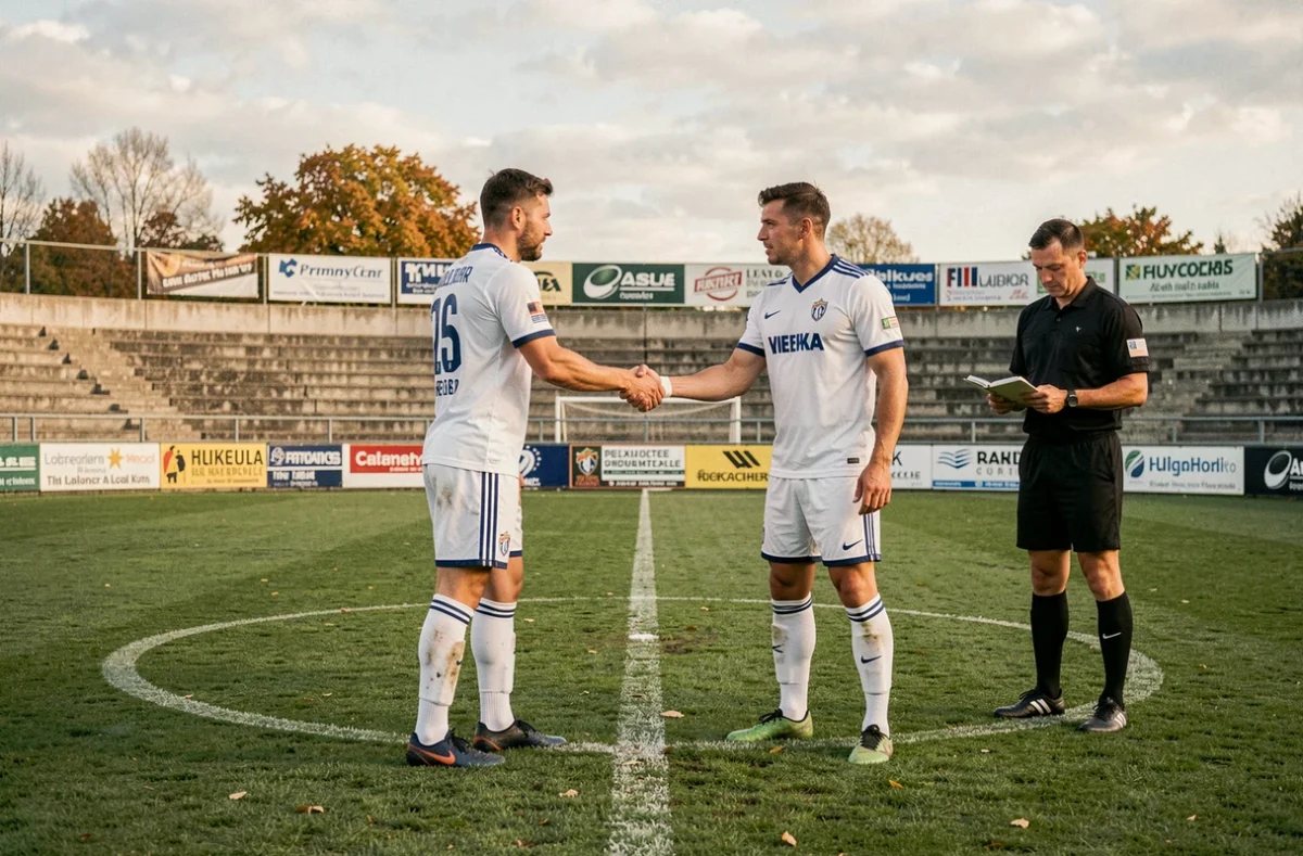 Poignée de main entre capitaines avant un match de Fédérale 2 Poule 3 dans un stade régional