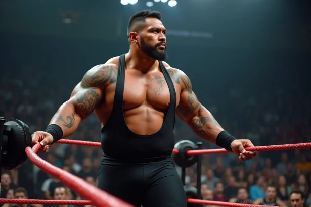 Catcheur professionnel samoan-américain dans un ring de catch, agrippant les cordes avec une expression intense et concentrée