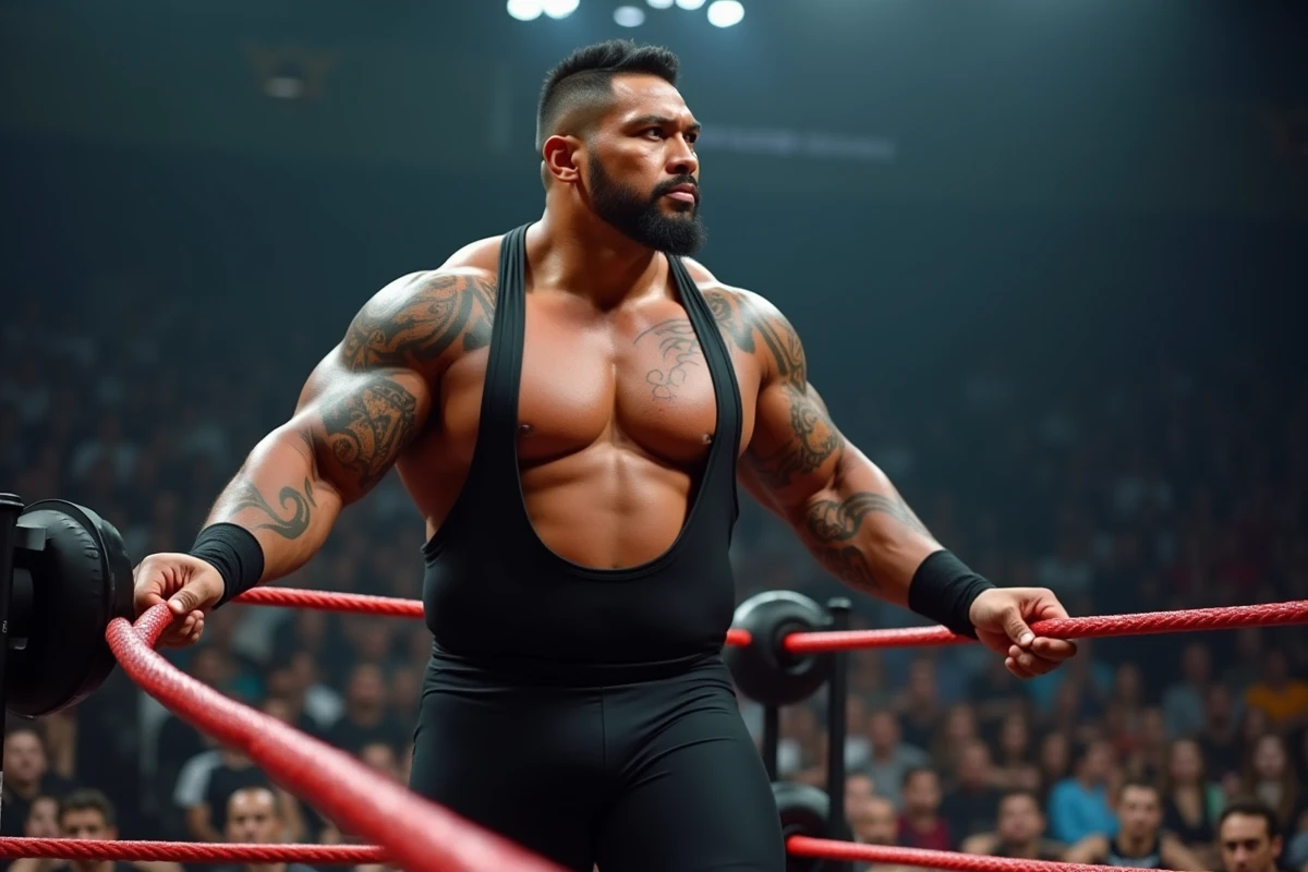 Catcheur professionnel samoan-américain dans un ring de catch, agrippant les cordes avec une expression intense et concentrée