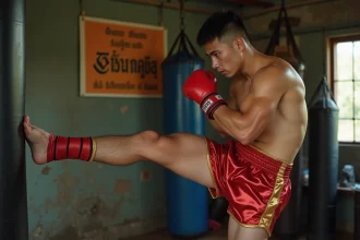 Boxeur thaï champion exécutant un coup de pied haut technique sur sac de frappe dans une salle de Muay Thai authentique en Thaïlande