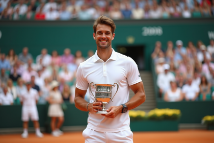 Champion de tennis levant un trophée sur court en terre battue