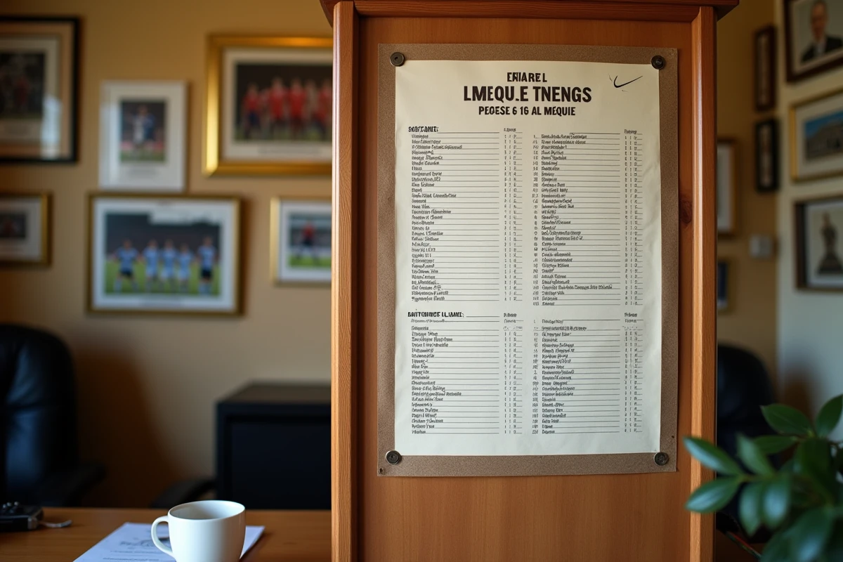 Tableau de classement domicile extérieur d'un club de football régional affiché dans les bureaux du club à Bergerac
