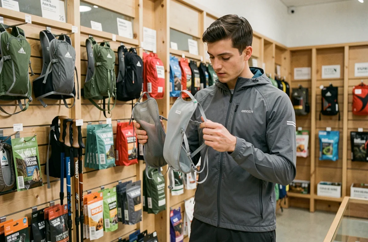 Jeune coureur comparant des vestes d'hydratation dans un magasin spécialisé trail running