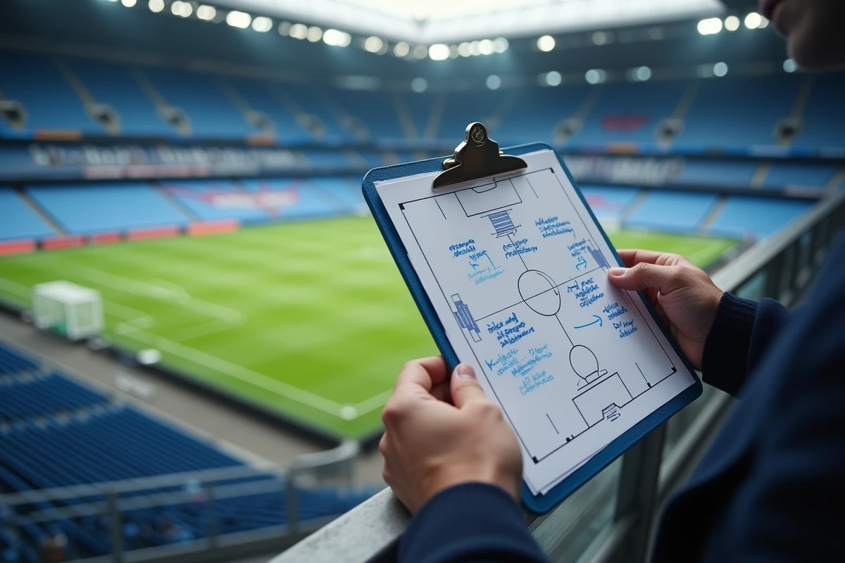 Tableau tactique détaillé d'un staff de l'Inter Milan avec schémas de formation et annotations manuscrites au stade