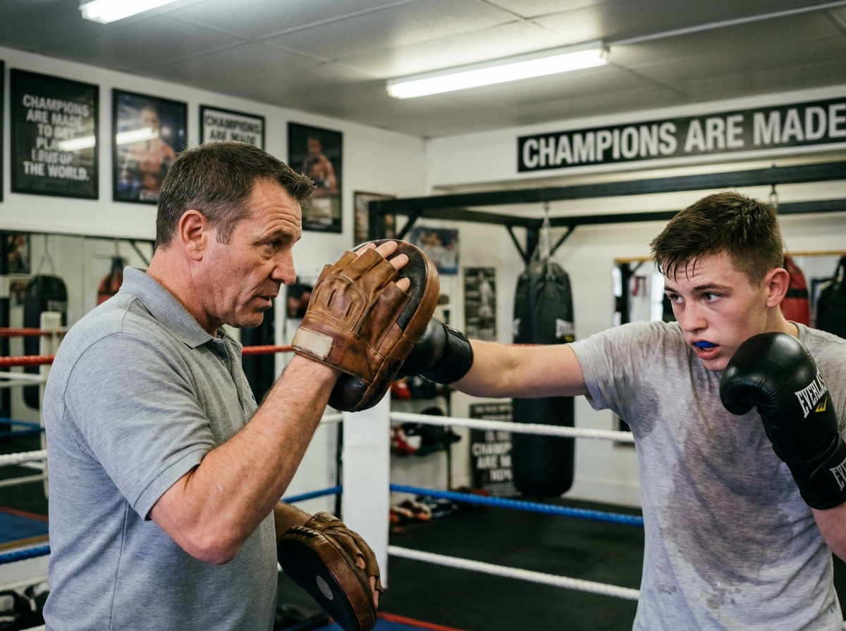 Coach de boxe tenant des mitaines face à un débutant lors d'un premier entraînement de boxe en salle de sport