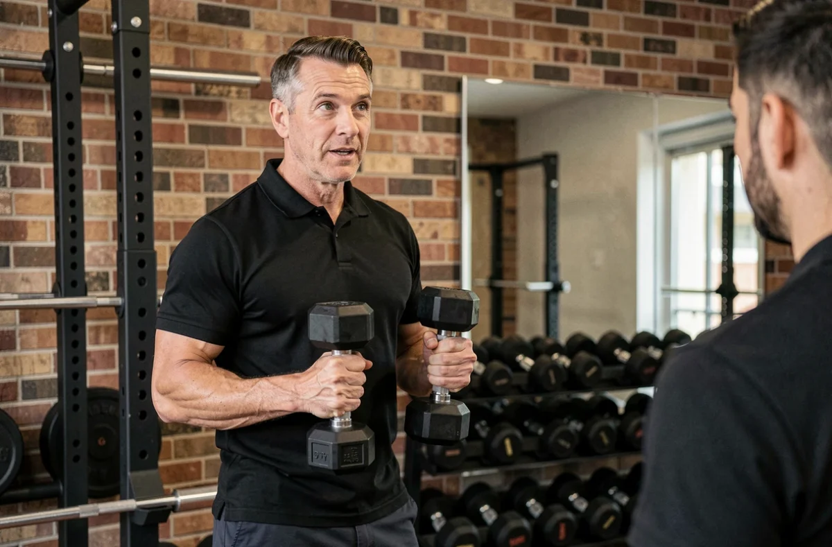 Coach sportif tenant deux haltères de poids différents pour illustrer le choix de charge au dumbbell snatch