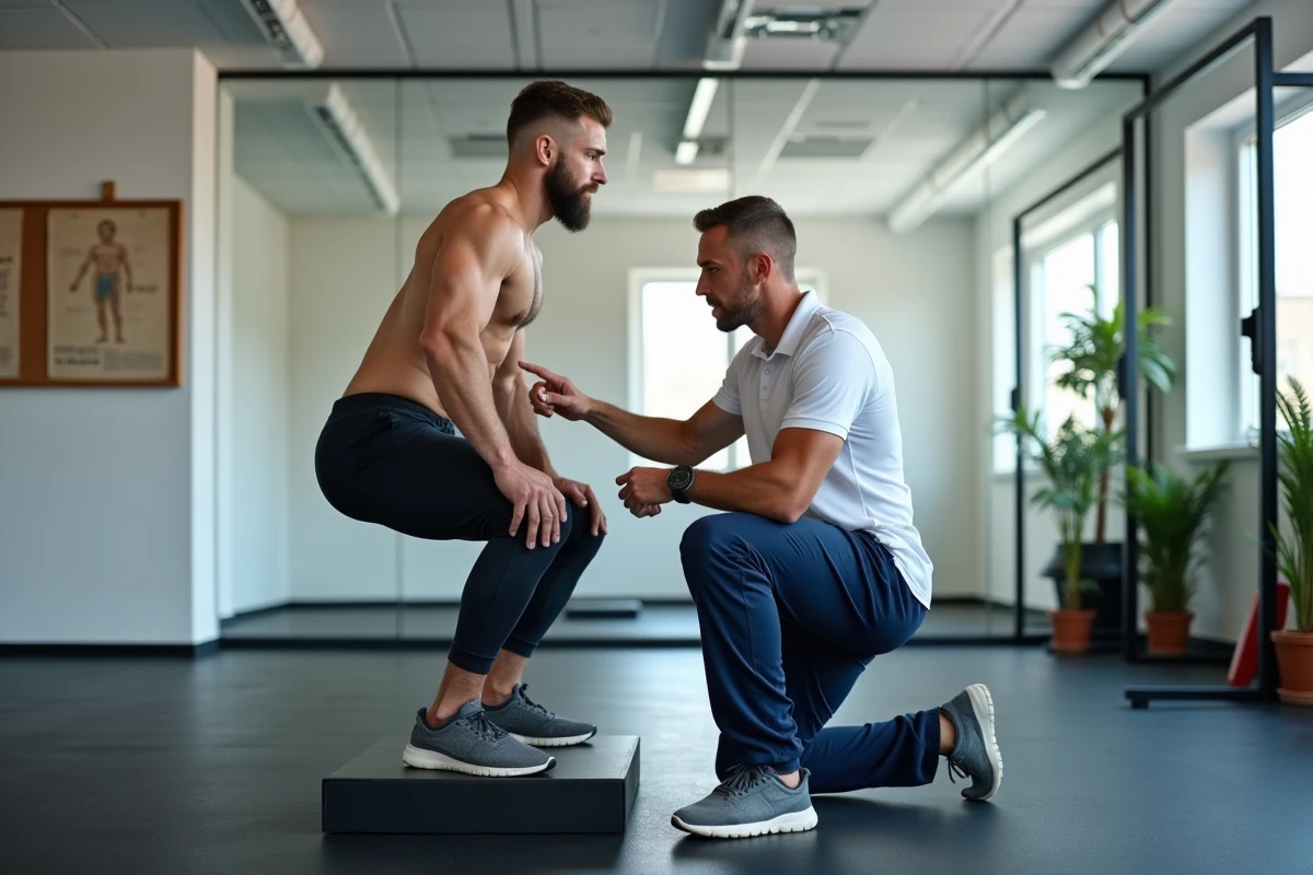 Coach sportif corrigeant la position des genoux d'un client lors d'un squat dans un studio de coaching fitness professionnel
