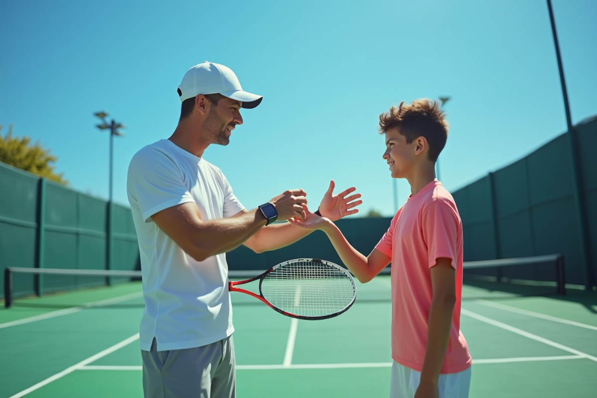Entraîneur de tennis mesurant la main d’un jeune joueur en extérieur