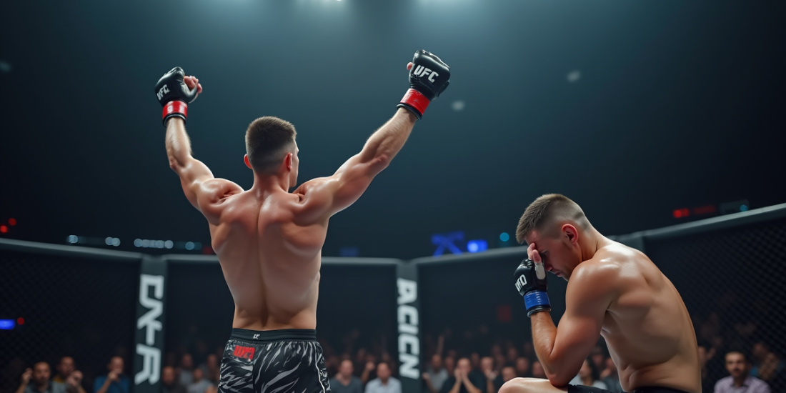 Deux combattants MMA dans l'octogone un en victoire et l'autre déçu