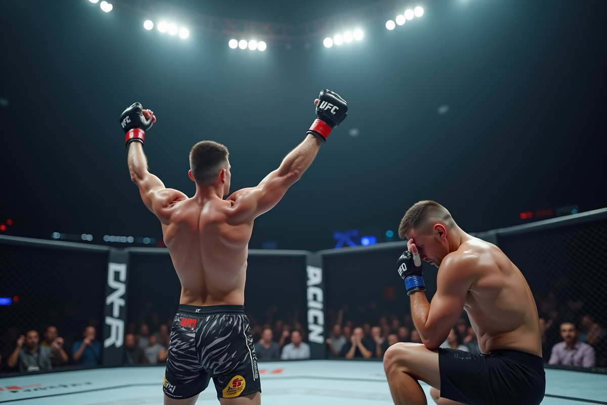 Deux combattants MMA dans l'octogone un en victoire et l'autre déçu