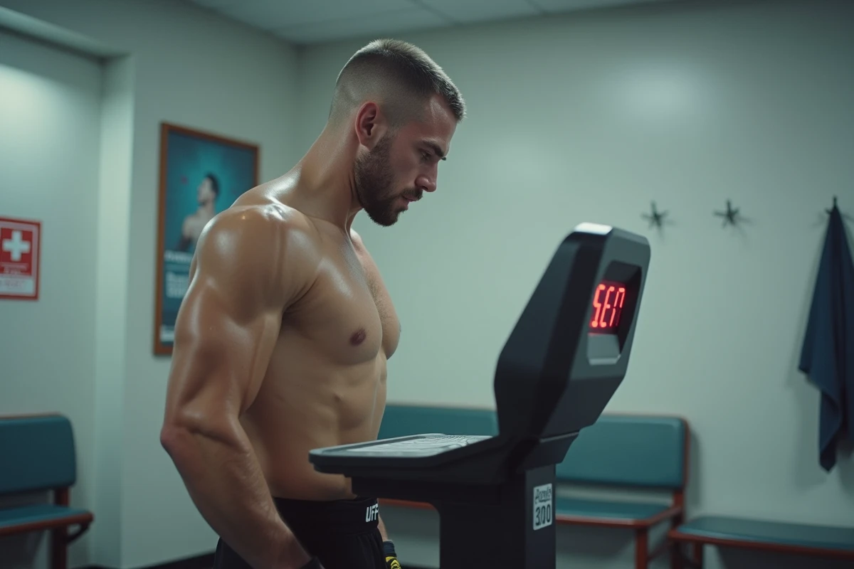 Combattant MMA masculin sur une balance professionnelle lors d'une pesée UFC, corps musclé en compression shorts, regard concentré sur l'écran digital