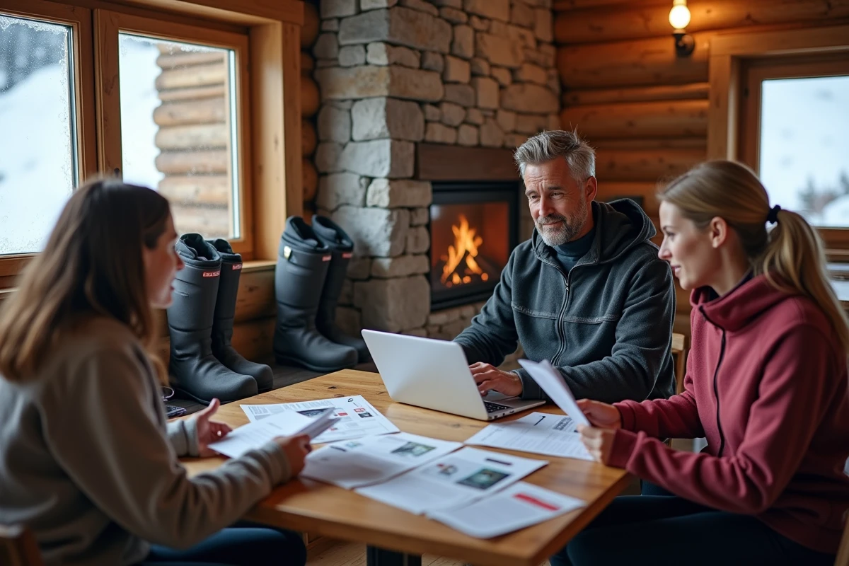 Groupe de skieurs comparant les offres de forfaits pour l'Alpe d'Huez selon leur niveau dans un chalet de montagne
