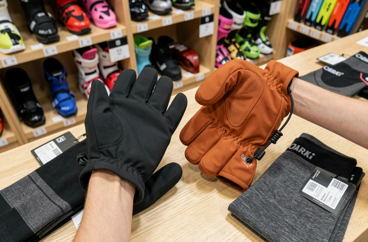 Comparaison de modèles de gants de ski et chaussettes de compression dans un magasin de sport