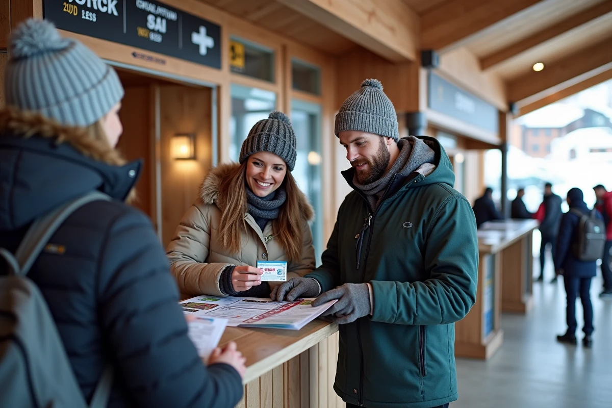 Couple en train de comparer les tarifs de forfaits de ski au comptoir d'accueil de la station Les Arcs 1800