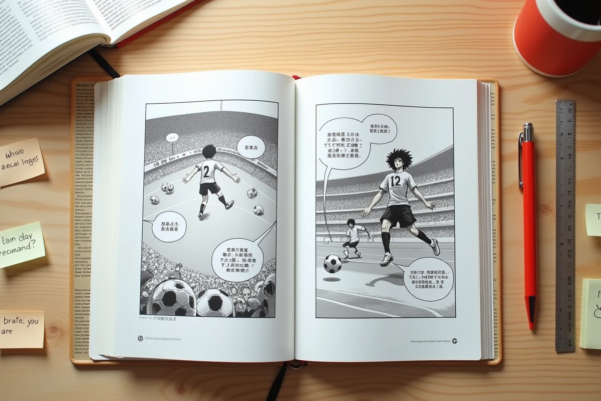 Vue aérienne de deux volumes manga Blue Lock en japonais et en VF posés côte à côte avec des notes de traduction et un dictionnaire